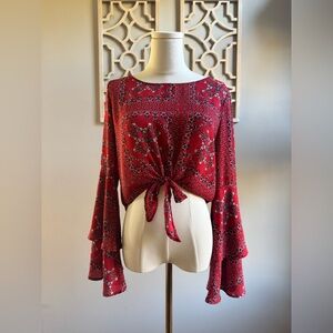Altar'd State Red Floral Bell Sleeve Blouse